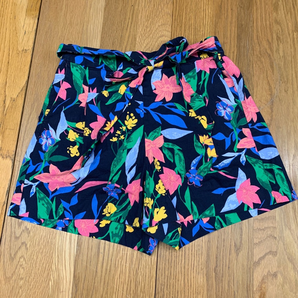 J Crew Womens Floral Paperbag Tie Waist Shorts Navy Blue Pink Tropical Size 4